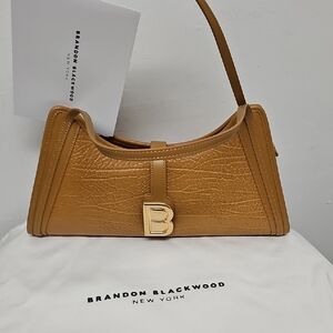 Brandon Blackwood Mustard-Tan Croc-Embossed Shoulder Bag with Gold 'B' Logo